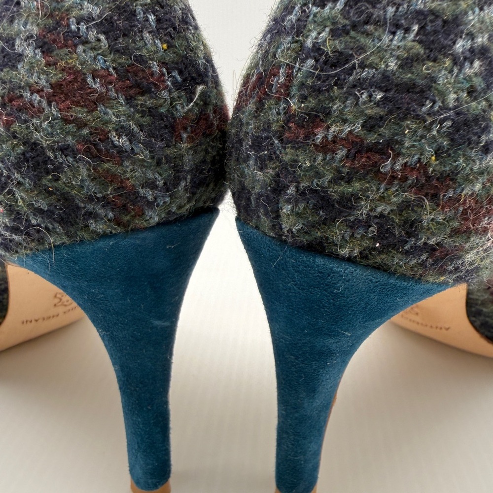 Antonio Melani Point Toe Blue Black Green Wool Suede Plaid Heels with Bow Size 6